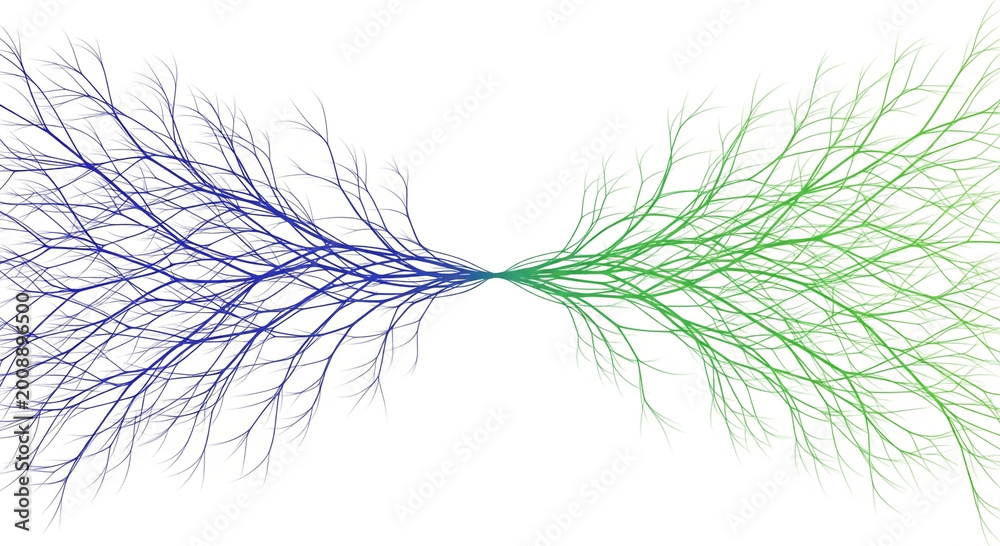 Fototapeta premium Abstract Connecting Branching Structures Resembling Neurons or Roots Blue and Green Duality