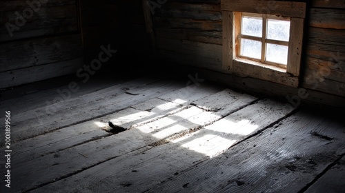 Sunlight streams through a small, grimy window illuminating rough wooden floorboards in a dim interior space.