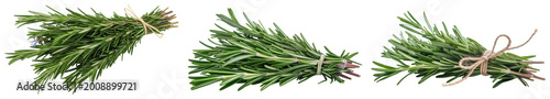 Photos Three bundles of fresh rosemary sprigs, tied with twine, creating a natural herb collection