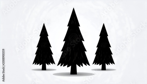Three dark silhouette fir trees are centered against a white background with a light gray swirling halo effect