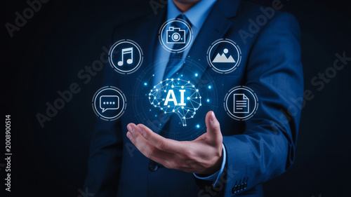 Professional businessman presenting glowing brain ai icon with multimedia symbols for content creation and artificial intelligence automation.