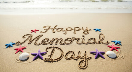 Happy memorial day beach message with shells and starfish