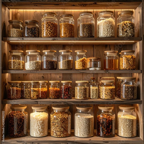 Rustic pantry shelves with rows of glass jars filled with assorted grains, seeds, dried legumes, organic bulk food storage and sustainable kitchen organization
