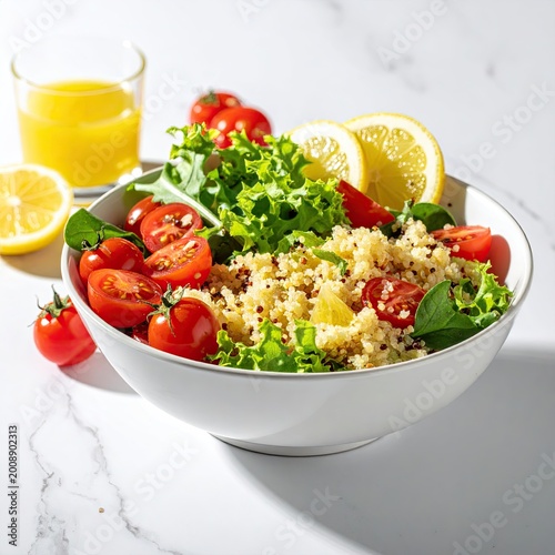 Vibrant quinoa salad with cherry tomatoes, lemon, and fresh greens