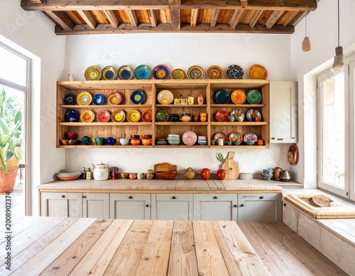 Rustic kitchen interior with wooden shelving displaying collection of colorful ceramic plates, traditional Mediterranean style home decor, farmhouse atmosphere