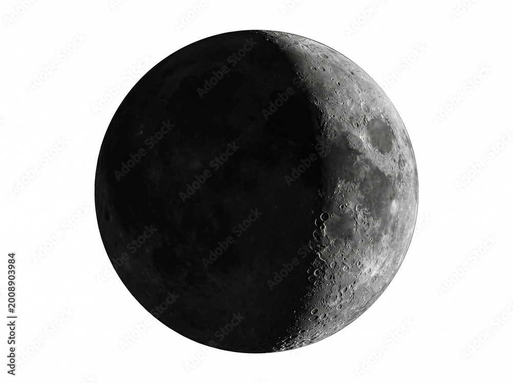 Naklejka premium Realistic grayscale depiction of the waxing crescent moon phase, detailed lunar surface isolated on white background file.