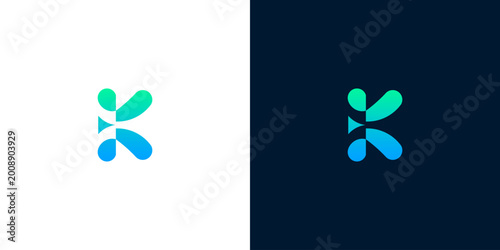 Abstract letter K logo design with fluid shapes and gradient colors on white and dark backgrounds, representing innovation and fluidity