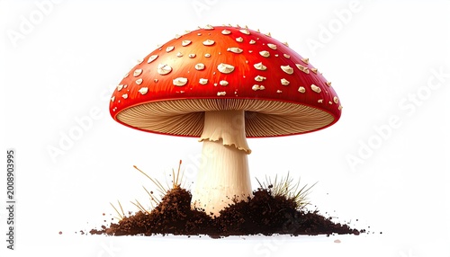 Vibrant red capped mushroom with white spots on pale stalk emerges from dark soil