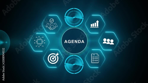 Agenda meeting appointment activity information concept. List of meeting activities in the order to be taken up, beginning with the call to order, ending with adjournment. Touching agenda on screen