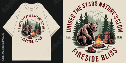 Foto vintage wilderness bear campfire t-shirt design with grizzly bear mountains pine