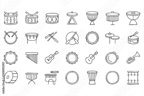 Cuadro en lienzo Drum and percussion instrument icon set with snare bass tambourine cymbal and st