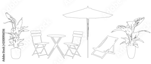 Set of garden furniture in elevation view for use in architectural drawings - isolated on transparent background