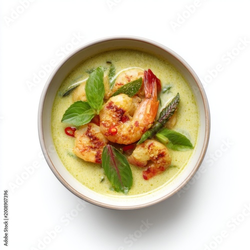 Delicious Shrimp Green Curry with Fresh Basil and Colorful Vegetables in a Bowl on a White Background