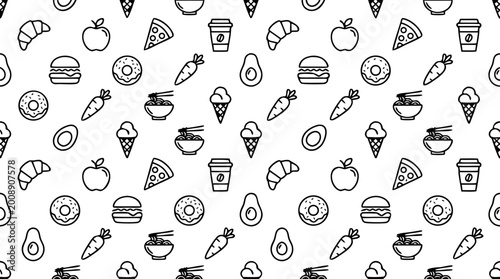 Fotografía Fast food and snacks outline vector seamless pattern for restaurant branding and food delivery app background design
