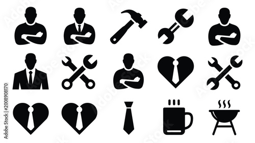 Bild auf Leinwand Black vector icons featuring businessmen tools hearts ties coffee cup and barbec