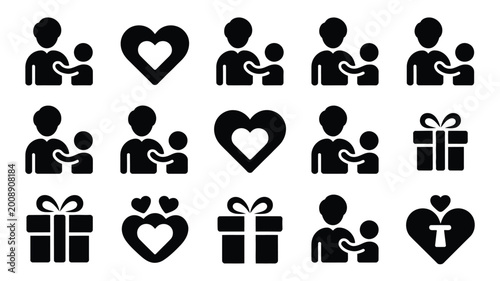 Konstfotografi Black silhouette icons of people with hearts and gifts for father's day symboliz