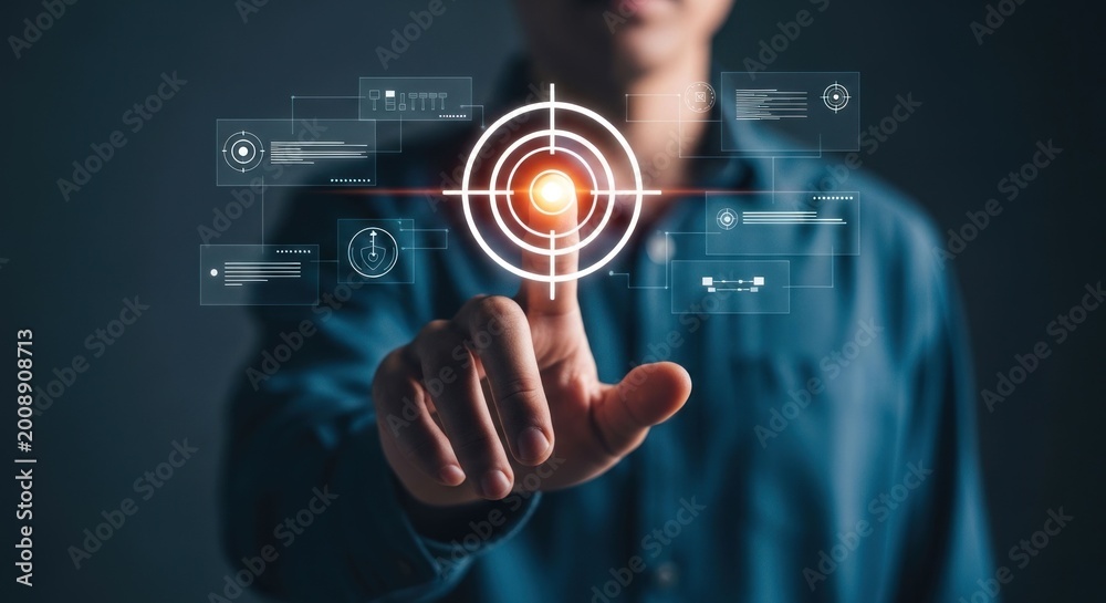 Fototapeta premium Businessman pointing at virtual target icon with digital interface.