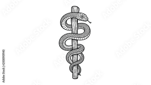 Classic black and white medical symbol featuring a snake coiled around a rustic wooden staff representing the rod of Aesculapius.