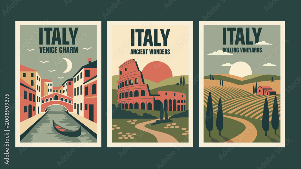 Fototapeta premium Vintage travel posters set of Italy in retro minimalist flat style. Nostalgic mood
