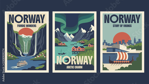Vintage travel posters set of Norway in retro minimalist flat style. Nostalgic mood