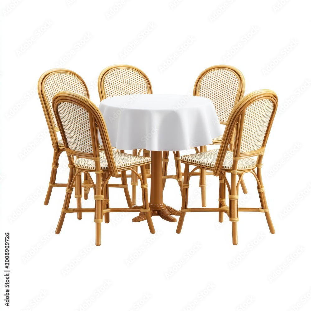Fototapeta premium Elegant Outdoor Dining Set with Rattan Chairs and Table Covered with White Tablecloth for Stylish Al Fresco Experience