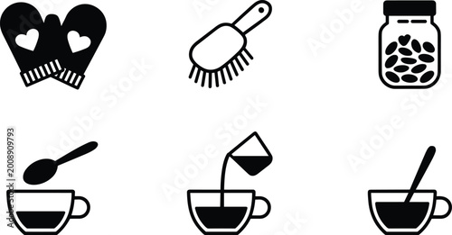 Bild auf Leinwand Cozy winter and kitchen icons set featuring mittens brush coffee cups and jar wi