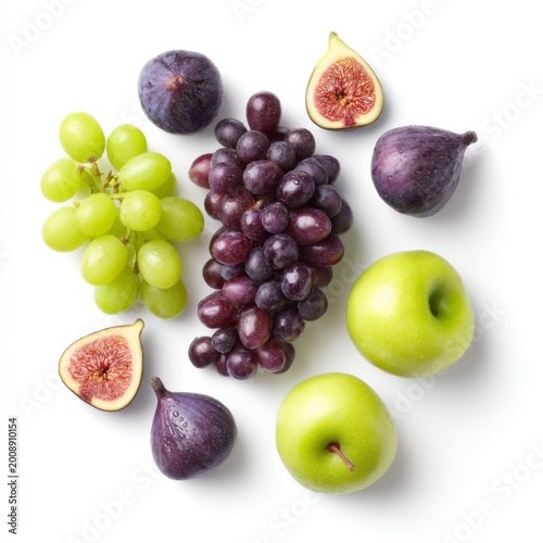 Colorful Arrangement of Fresh Fruits Including Grapes, Apples, Figs, and Green Grapes on White Background