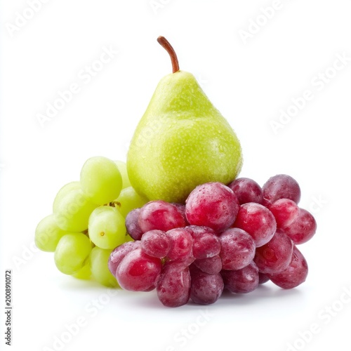 Fresh Green and Red Grapes with Juicy Pear Isolated on White Background for Healthy Lifestyle Concept