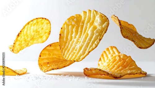 Rippled potato crisps with salt crystals, suspended against a white background