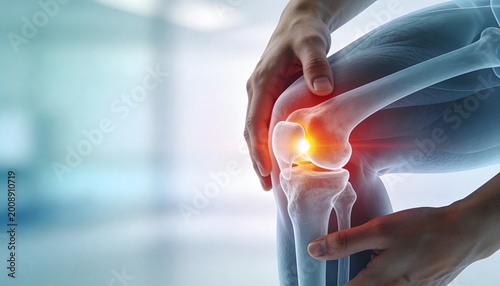 Hand pressing painful knee joint with highlighted inflammation and anatomical bones with copy space, medical orthopedics concept.