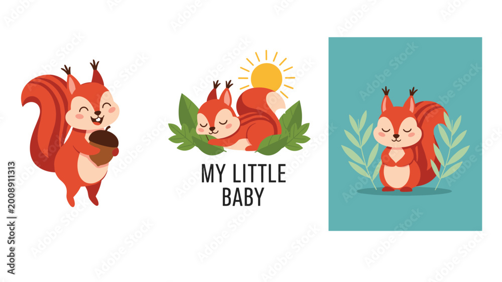 Fototapeta premium Set of three adorable red squirrel illustrations showing them holding an acorn, sleeping, and sitting peacefully among green garden leaves.