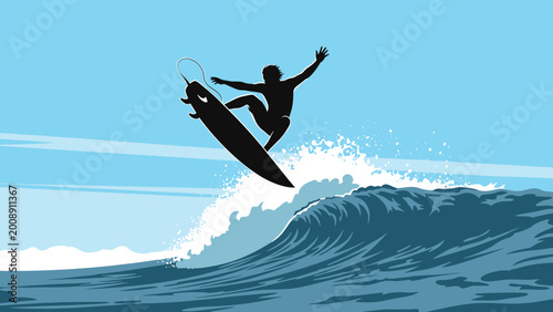 Silhouette of a surfer performing a mid-air jump over a breaking ocean wave against a bright blue sky background.
