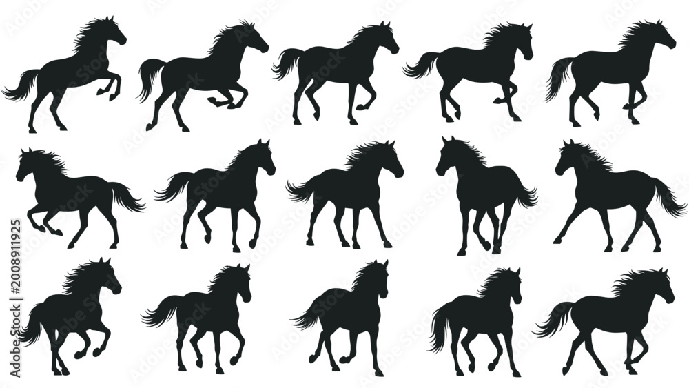 Obraz premium Black silhouette sequence showing the multiple dynamic stages of a powerful horse running and galloping in a continuous motion study.