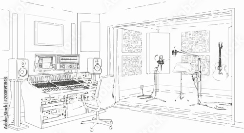 Recording studio with mixing console, microphones, and guitar