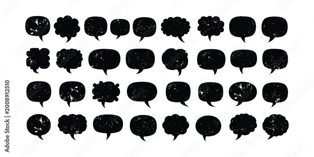 Fototapeta premium Large collection of distressed black speech bubbles and thought bubbles with varied shapes and textures representing communication dialogue and expression.