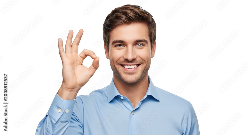 Naklejka premium Smiling man giving ok gesture with fingers on white background, blue shirt