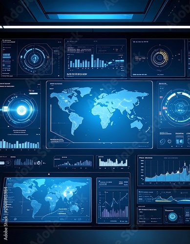 High-tech dashboard with multiple screens displaying data visualizations.  World map, graphs, charts, and digital indicators are prominent.  Dark blue color scheme