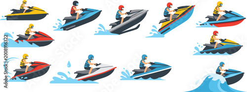 Foto Jet Ski Vector Collection with Riders on Personal Watercraft in Motion Splashing