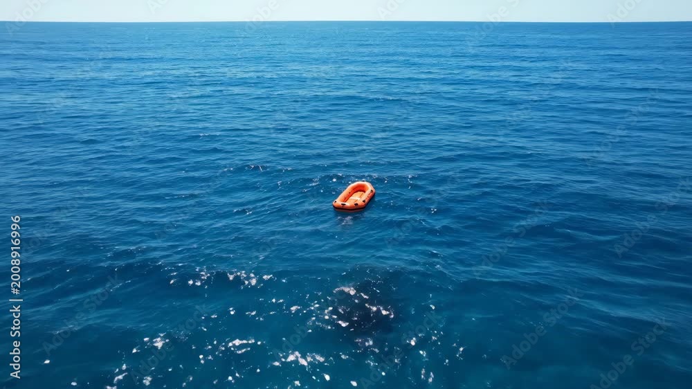 empty orange inflatable lifeboat floating alone in vast blue ocean ...