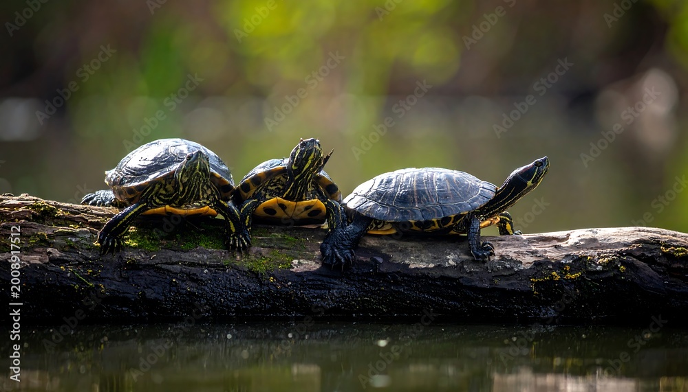 Obraz premium Three turtles sun themselves on a weathered log in a blurred, tranquil body of water under dappled sunlight
