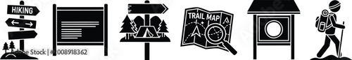 Trail map and hiking sign vector set featuring park information boards and hiker profile.