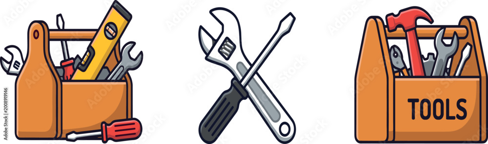 Foto Toolbox and Tools Icon Set Featuring Wrenches, Screwdrivers, and Toolboxes for D