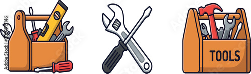 Foto Toolbox and Tools Icon Set Featuring Wrenches, Screwdrivers, and Toolboxes for D
