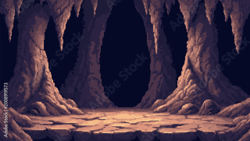 Fotografie Pixel art cave entrance with stalactites and rocky interior ground