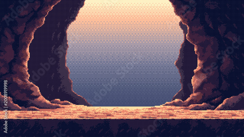 Cuadro en lienzo Pixel art vector landscape showing an opening of a mysterious stone cave looking out onto a golden sunset sky
