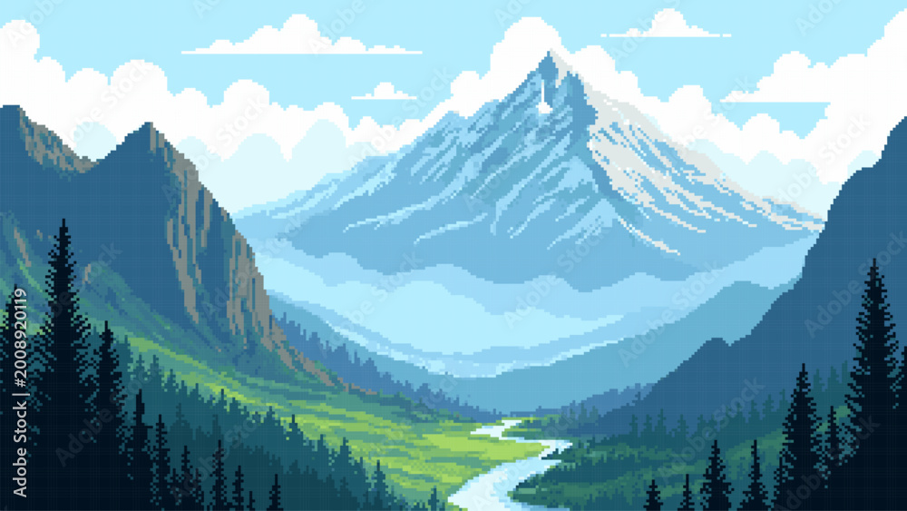 Obraz premium Pixel art landscape of snowy mountain peak and pine forest valley. Digital vector illustration of scenic nature view with meandering river. Retro video game background concept design.