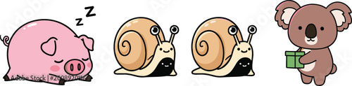 Fotografía Cute animal characters set featuring sleeping pig snails and koala holding gift