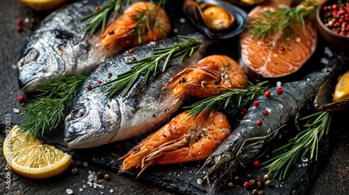 Fresh seafood, including fish, prawns and salmon with lemon and rosemary, looks appetising, providing an exquisite backdrop for fish restaurant menus and recipes.
