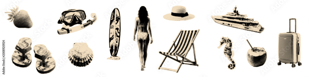 Fototapeta premium Summer halftone cut outs set. Summer vacation collage elemets.