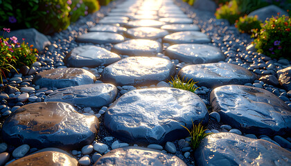 Stone pathway with lush green plants and flowers illuminated by warm sunlight, garden path, natural landscaping, outdoor scene